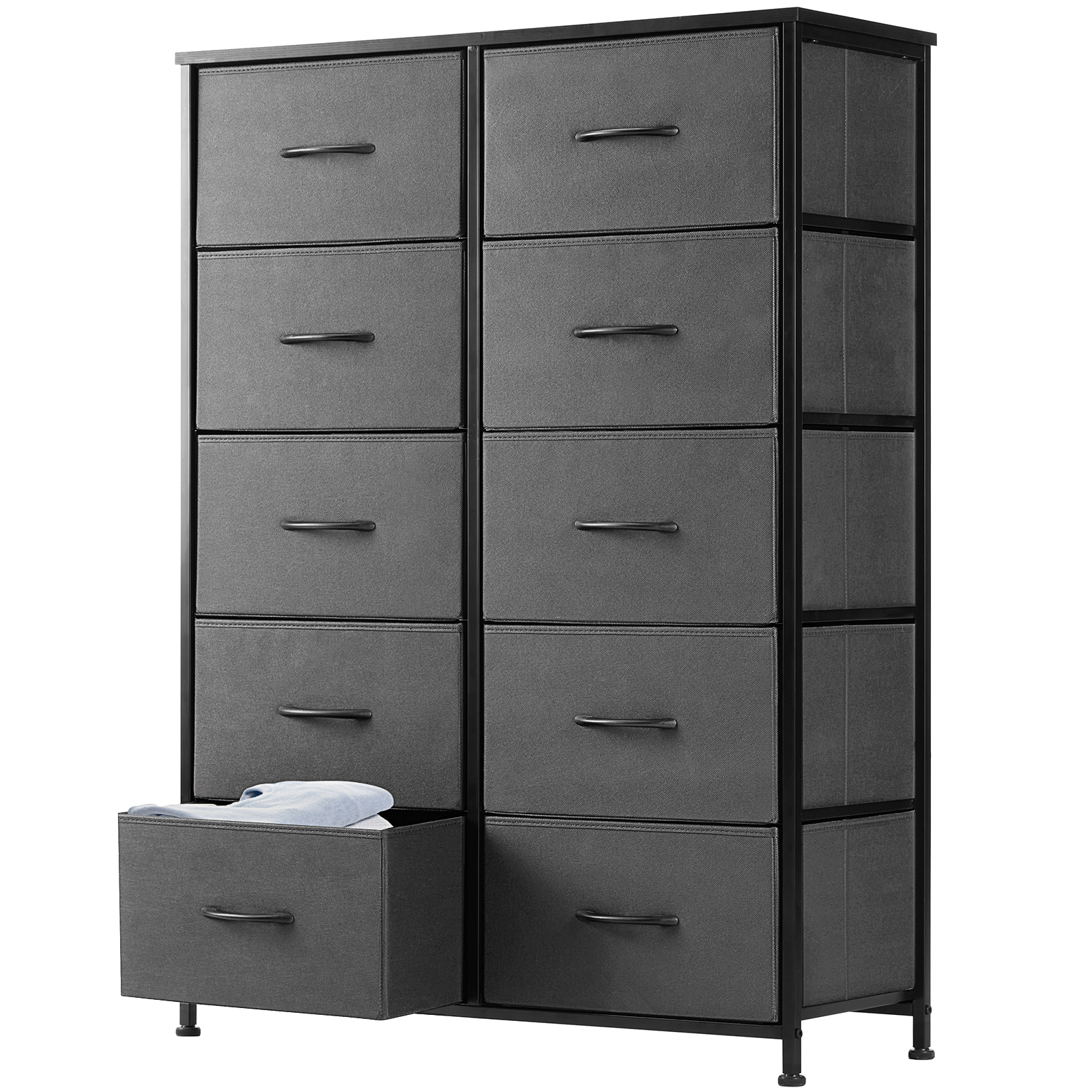 10-Drawer Fabric Dresser with Wooden Top for Bedroom Closets and Nurseries 39.5-in Storage Tower with 6 Large and 3 Small Non-Woven Drawers on an X-Braced Metal Frame 135-lb Countertop Rating with 2 Anti-Toppling Devices and Foot Pads