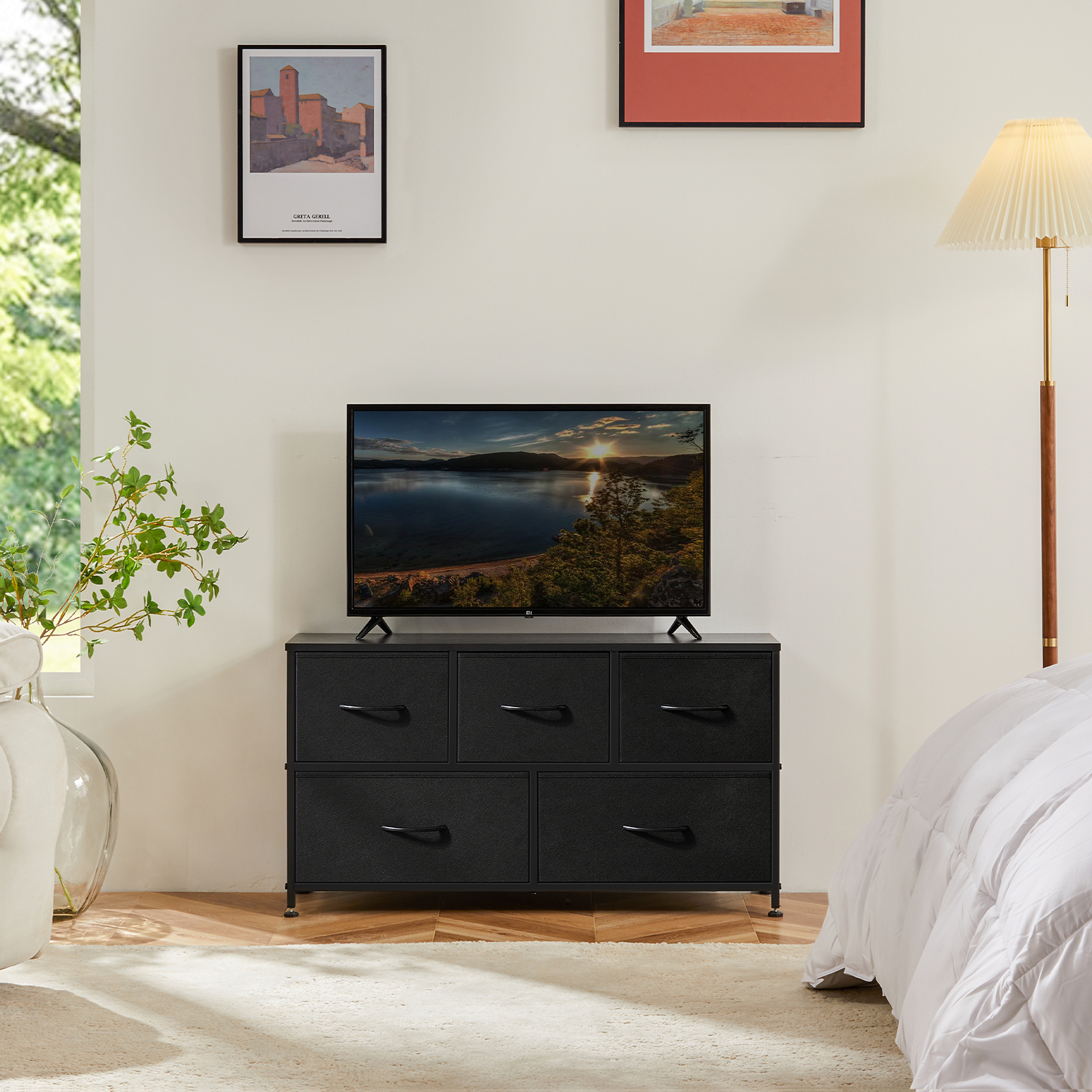 10-Drawer Fabric Dresser with Wooden Top for Bedroom Closets and Nurseries 39.5-in Storage Tower with 6 Large and 3 Small Non-Woven Drawers on an X-Braced Metal Frame 135-lb Countertop Rating with 2 Anti-Toppling Devices and Foot Pads