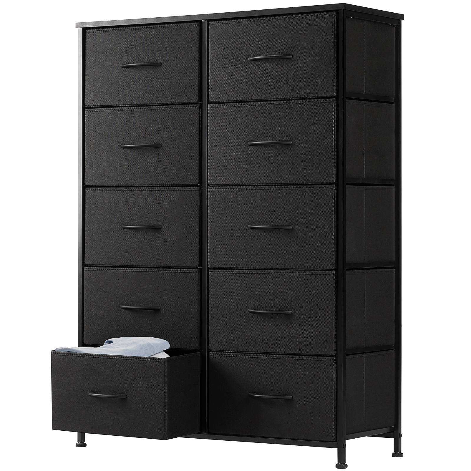 10-Drawer Fabric Dresser with Wooden Top for Bedroom Closets and Nurseries 39.5-in Storage Tower with 6 Large and 3 Small Non-Woven Drawers on an X-Braced Metal Frame 135-lb Countertop Rating with 2 Anti-Toppling Devices and Foot Pads