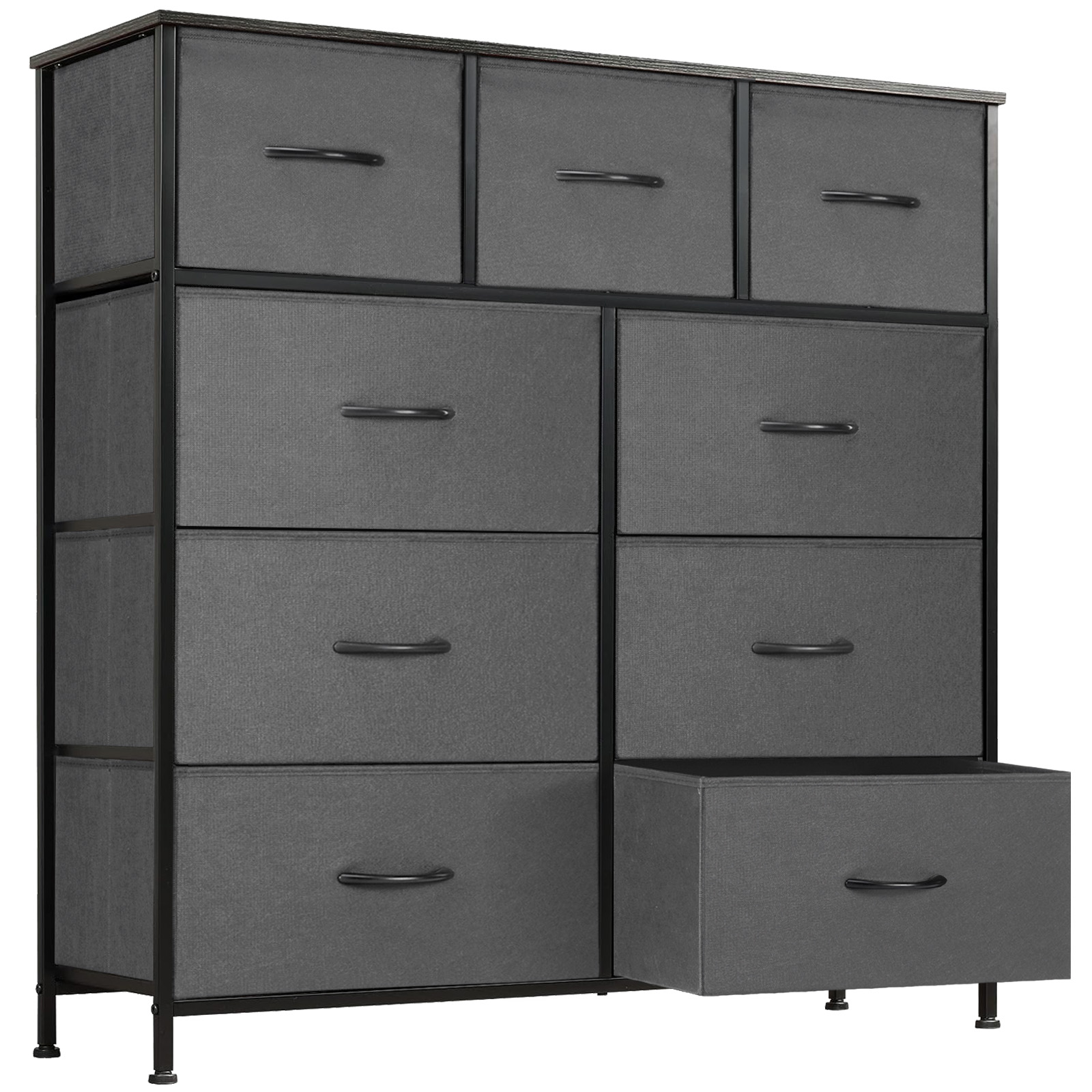 10-Drawer Fabric Dresser with Wooden Top for Bedroom Closets and Nurseries 39.5-in Storage Tower with 6 Large and 3 Small Non-Woven Drawers on an X-Braced Metal Frame 135-lb Countertop Rating with 2 Anti-Toppling Devices and Foot Pads