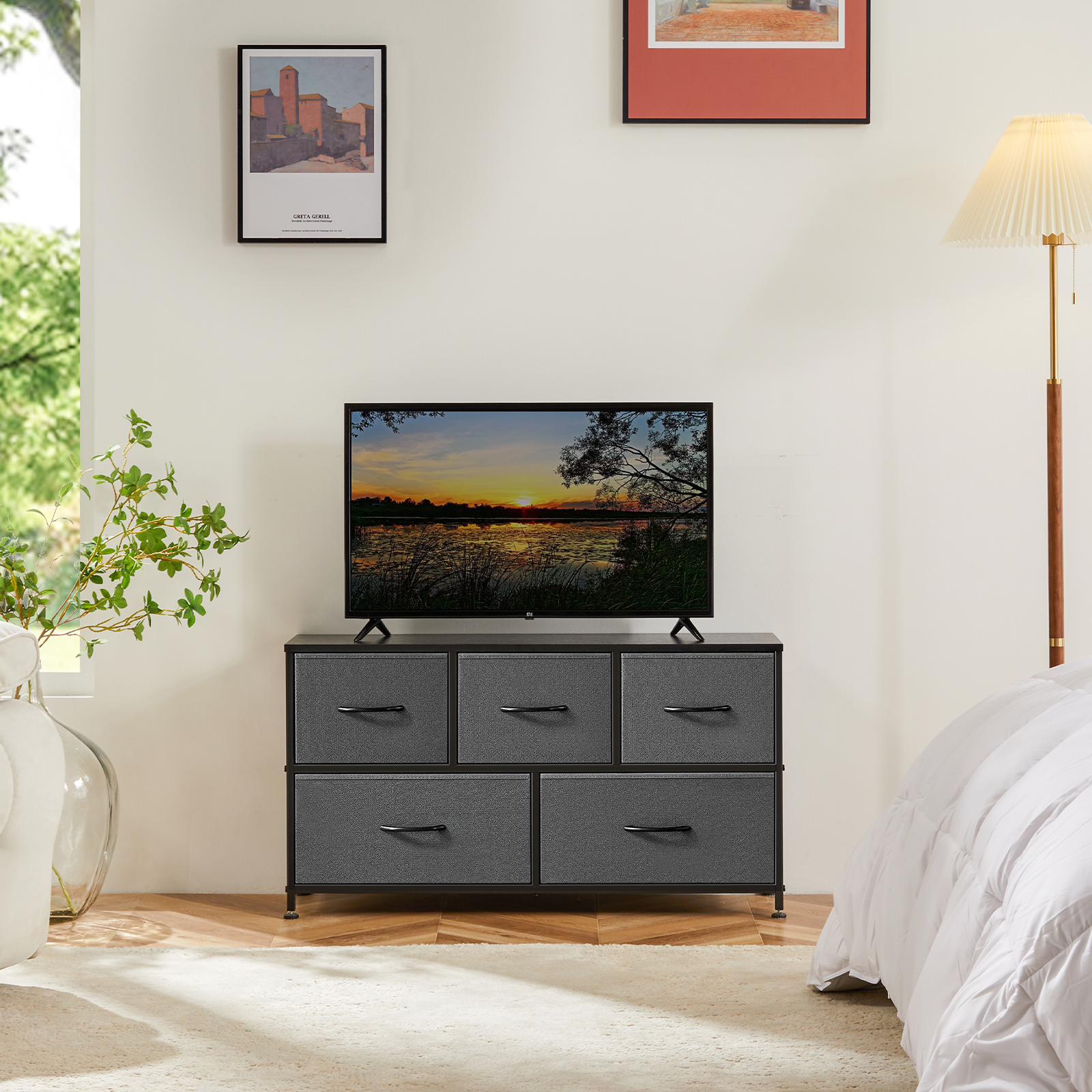 10-Drawer Fabric Dresser with Wooden Top for Bedroom Closets and Nurseries 39.5-in Storage Tower with 6 Large and 3 Small Non-Woven Drawers on an X-Braced Metal Frame 135-lb Countertop Rating with 2 Anti-Toppling Devices and Foot Pads