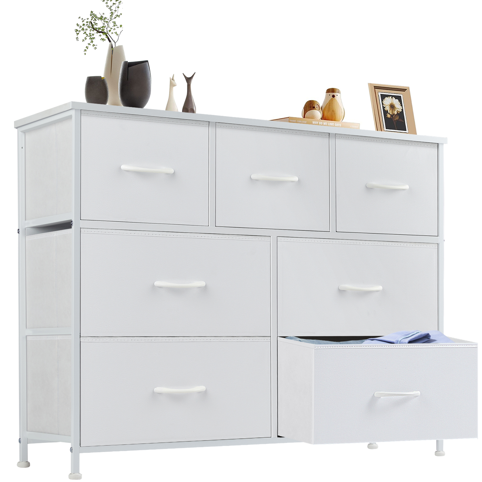 10-Drawer Fabric Dresser with Wooden Top for Bedroom Closets and Nurseries 39.5-in Storage Tower with 6 Large and 3 Small Non-Woven Drawers on an X-Braced Metal Frame 135-lb Countertop Rating with 2 Anti-Toppling Devices and Foot Pads