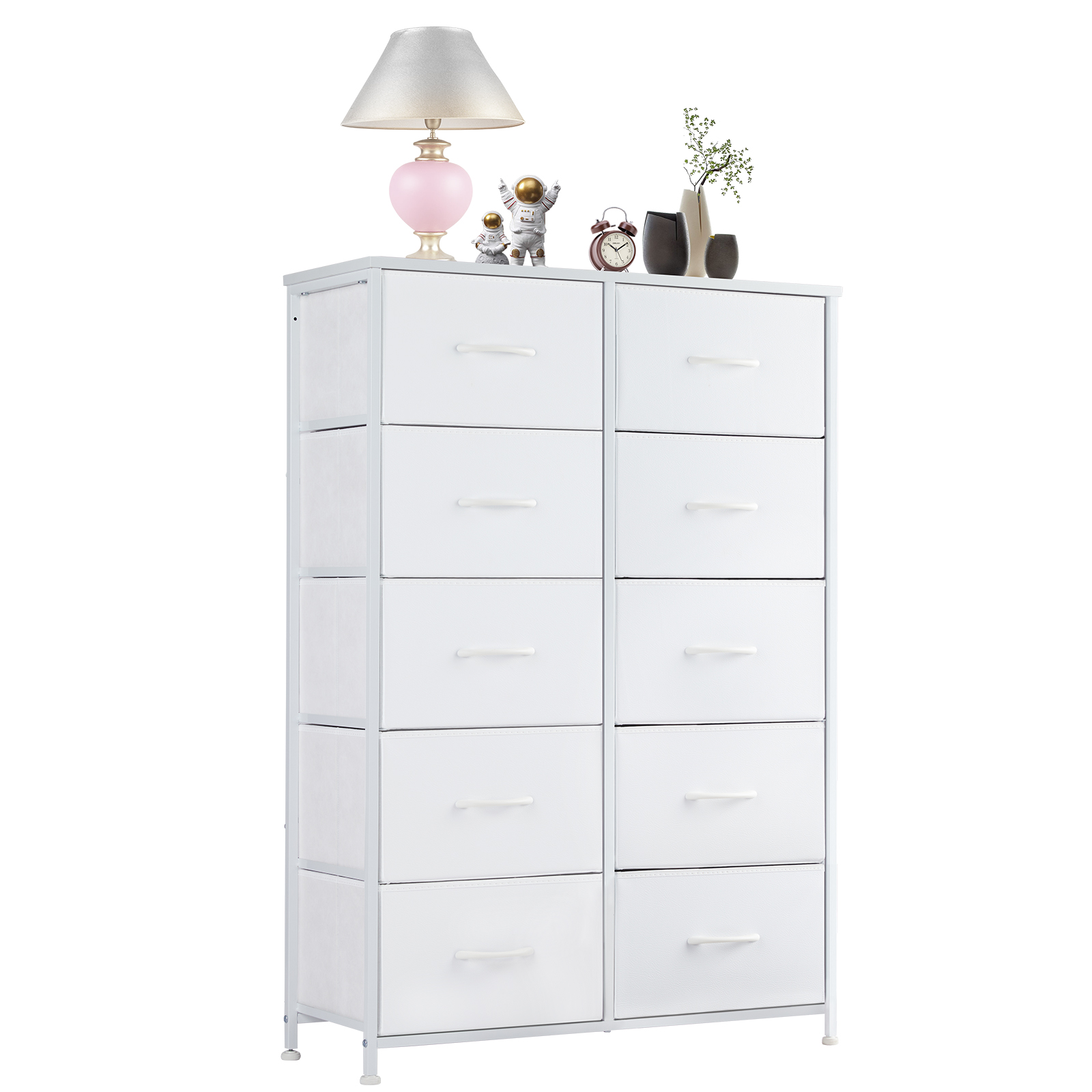 10-Drawer Fabric Dresser with Wooden Top for Bedroom Closets and Nurseries 39.5-in Storage Tower with 6 Large and 3 Small Non-Woven Drawers on an X-Braced Metal Frame 135-lb Countertop Rating with 2 Anti-Toppling Devices and Foot Pads