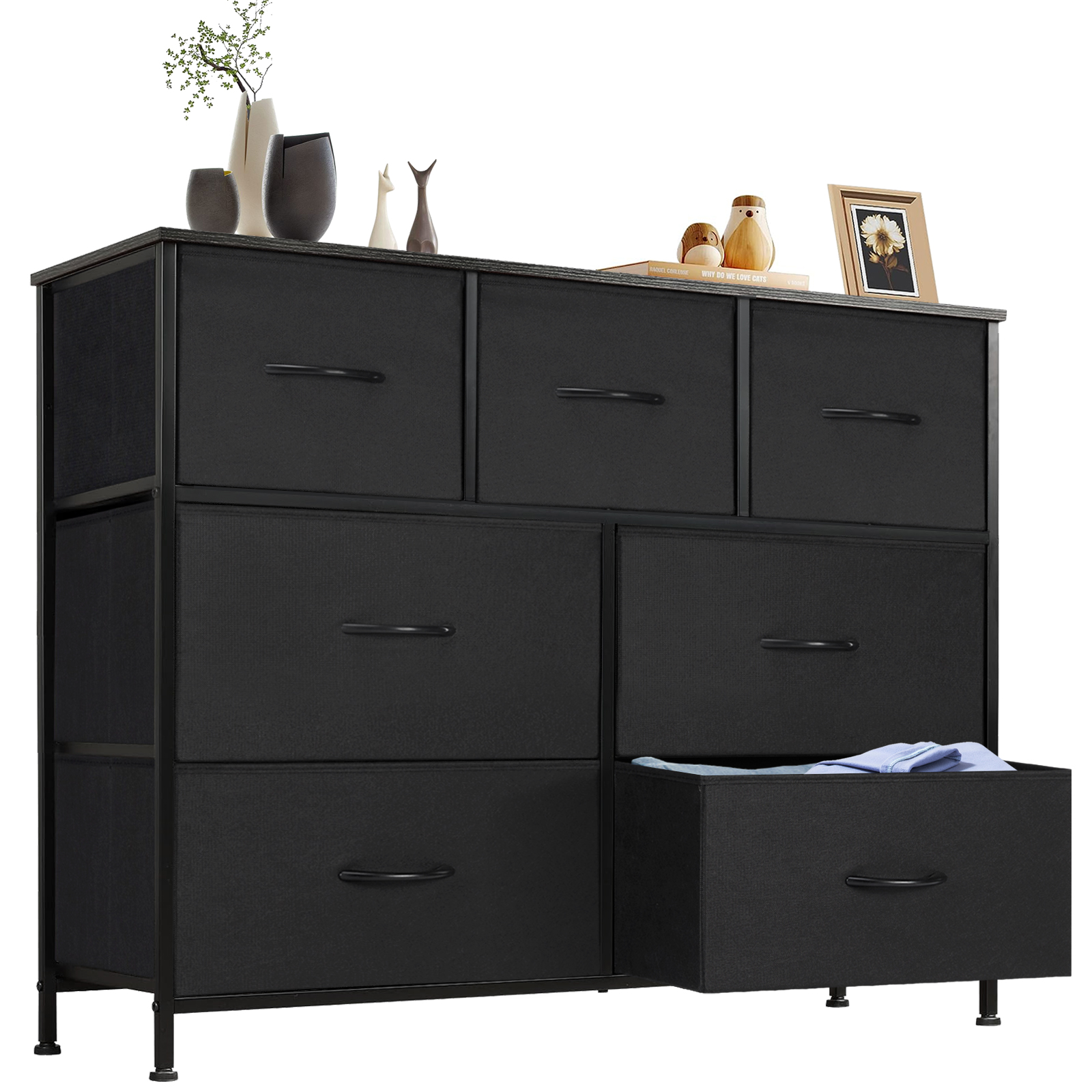10-Drawer Fabric Dresser with Wooden Top for Bedroom Closets and Nurseries 39.5-in Storage Tower with 6 Large and 3 Small Non-Woven Drawers on an X-Braced Metal Frame 135-lb Countertop Rating with 2 Anti-Toppling Devices and Foot Pads