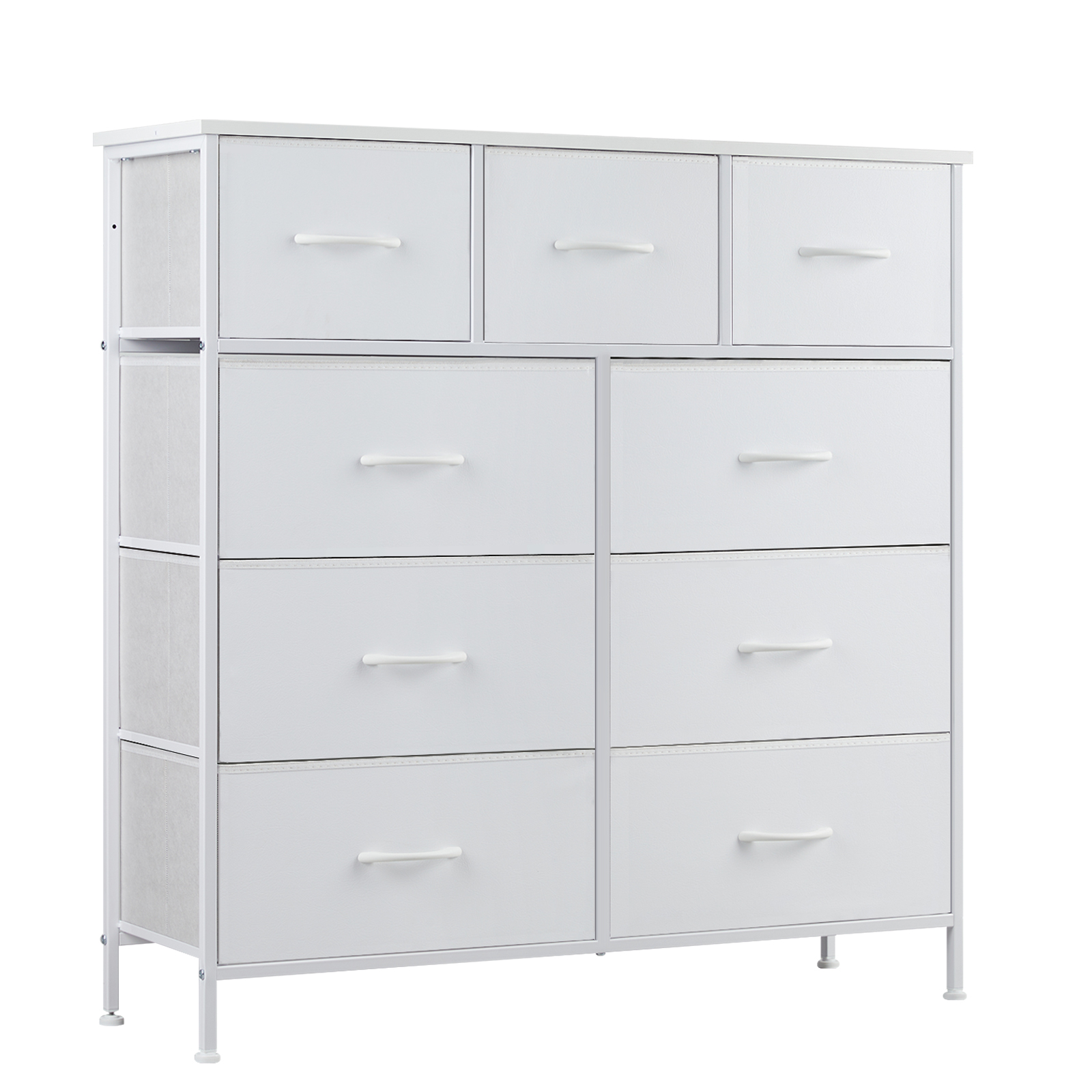 10-Drawer Fabric Dresser with Wooden Top for Bedroom Closets and Nurseries 39.5-in Storage Tower with 6 Large and 3 Small Non-Woven Drawers on an X-Braced Metal Frame 135-lb Countertop Rating with 2 Anti-Toppling Devices and Foot Pads