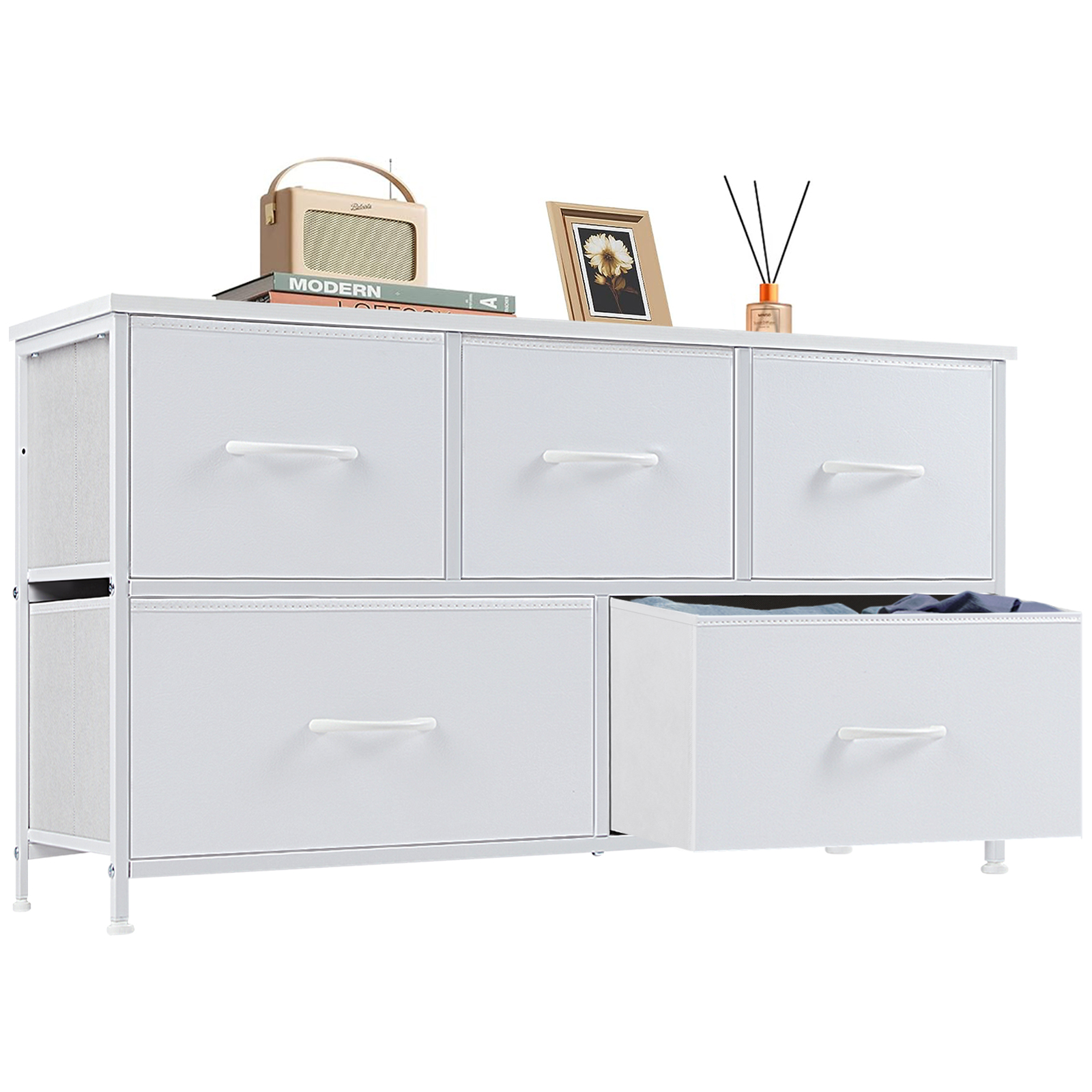 10-Drawer Fabric Dresser with Wooden Top for Bedroom Closets and Nurseries 39.5-in Storage Tower with 6 Large and 3 Small Non-Woven Drawers on an X-Braced Metal Frame 135-lb Countertop Rating with 2 Anti-Toppling Devices and Foot Pads
