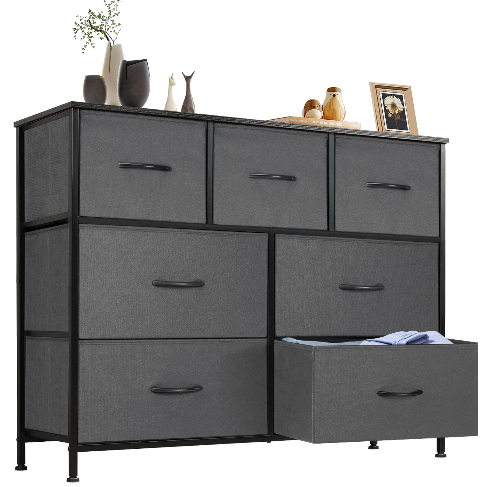 10-Drawer Fabric Dresser with Wooden Top for Bedroom Closets and Nurseries 39.5-in Storage Tower with 6 Large and 3 Small Non-Woven Drawers on an X-Braced Metal Frame 135-lb Countertop Rating with 2 Anti-Toppling Devices and Foot Pads