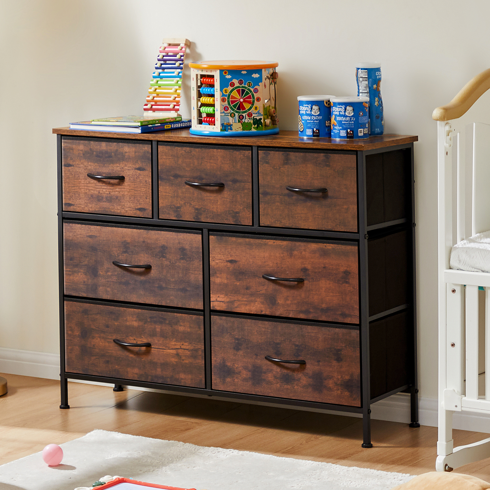 10-Drawer Fabric Dresser with Wooden Top for Bedroom Closets and Nurseries 39.5-in Storage Tower with 6 Large and 3 Small Non-Woven Drawers on an X-Braced Metal Frame 135-lb Countertop Rating with 2 Anti-Toppling Devices and Foot Pads