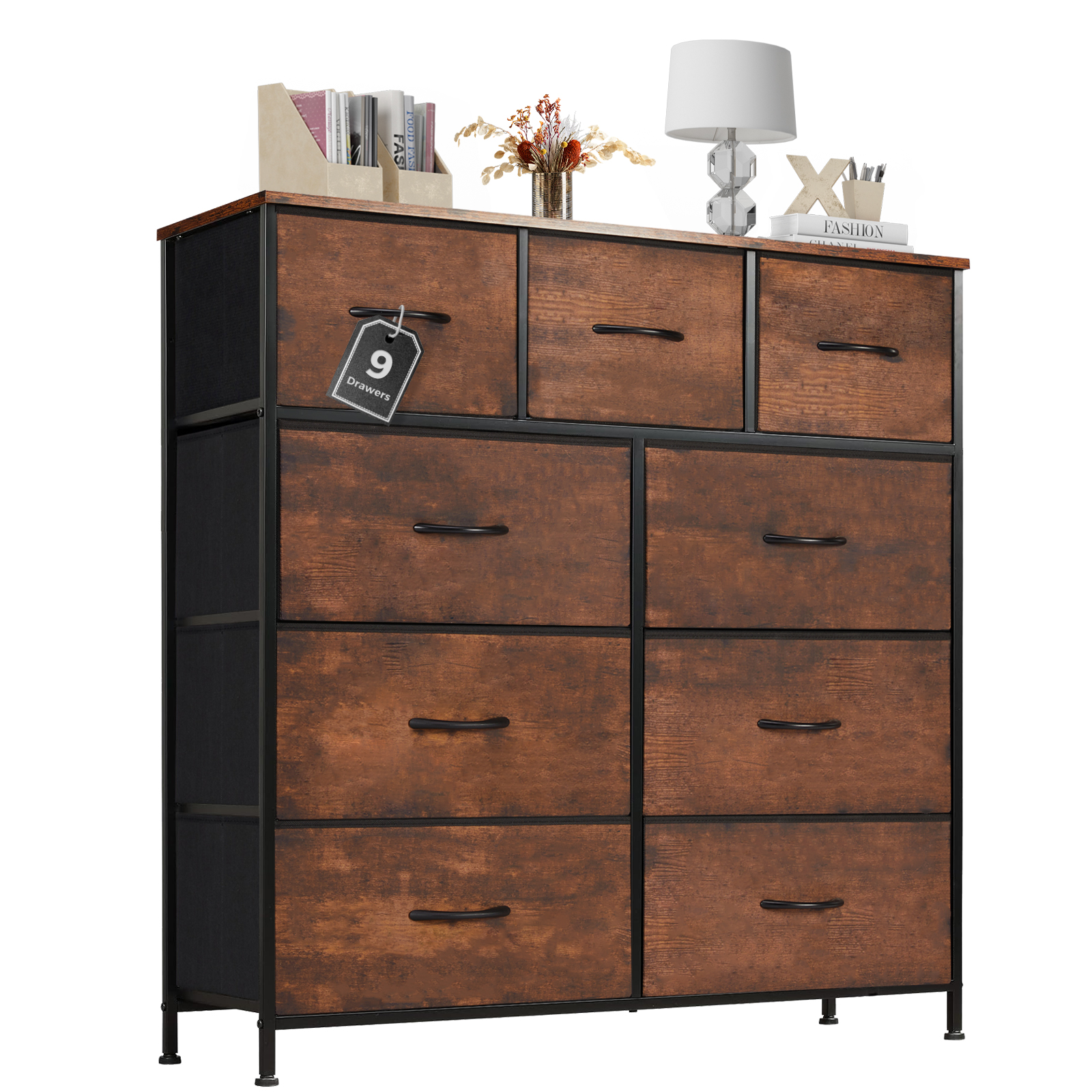 10-Drawer Fabric Dresser with Wooden Top for Bedroom Closets and Nurseries 39.5-in Storage Tower with 6 Large and 3 Small Non-Woven Drawers on an X-Braced Metal Frame 135-lb Countertop Rating with 2 Anti-Toppling Devices and Foot Pads