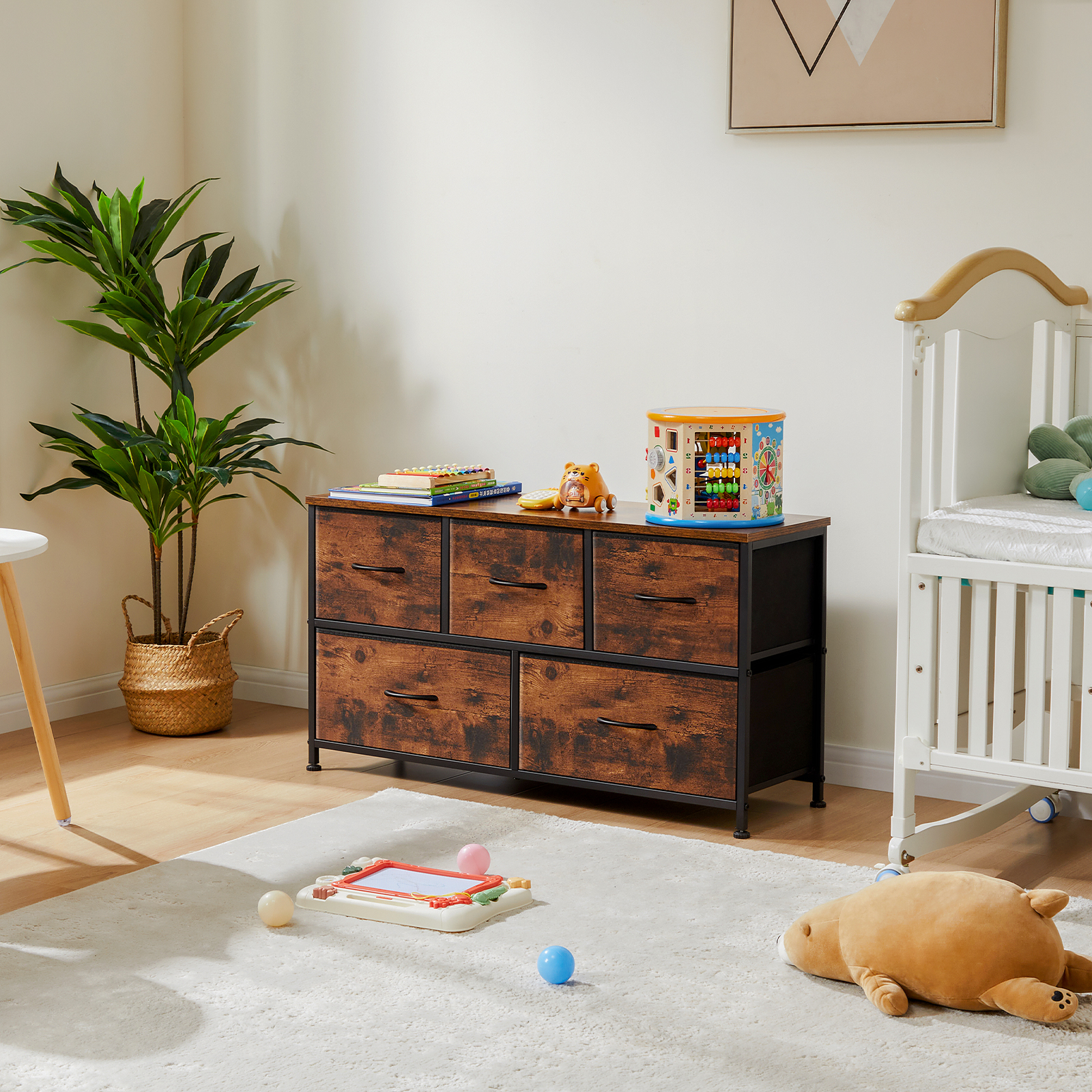 10-Drawer Fabric Dresser with Wooden Top for Bedroom Closets and Nurseries 39.5-in Storage Tower with 6 Large and 3 Small Non-Woven Drawers on an X-Braced Metal Frame 135-lb Countertop Rating with 2 Anti-Toppling Devices and Foot Pads