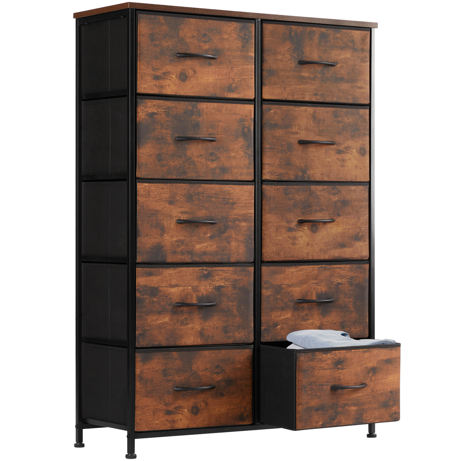 10-Drawer Fabric Dresser with Wooden Top for Bedroom Closets and Nurseries 39.5-in Storage Tower with 6 Large and 3 Small Non-Woven Drawers on an X-Braced Metal Frame 135-lb Countertop Rating with 2 Anti-Toppling Devices and Foot Pads