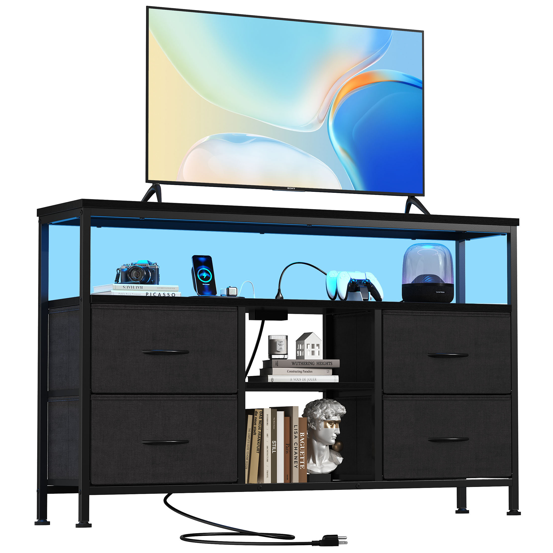 TV stand, 4 drawers, with LED lights and power sockets, 50-inch TV living room furniture, with open shelves and adjustable feet