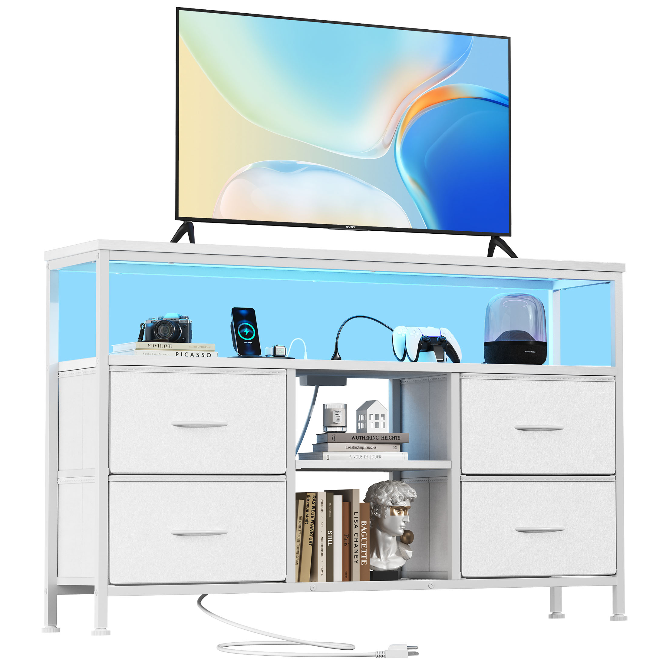 TV stand, 4 drawers, with LED lights and power sockets, 50-inch TV living room furniture, with open shelves and adjustable feet