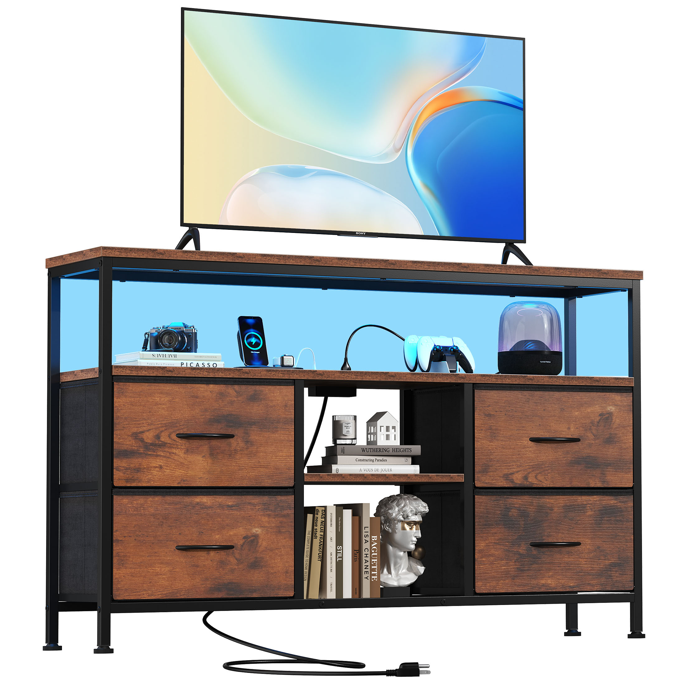 TV stand, 4 drawers, with LED lights and power sockets, 50-inch TV living room furniture, with open shelves and adjustable feet