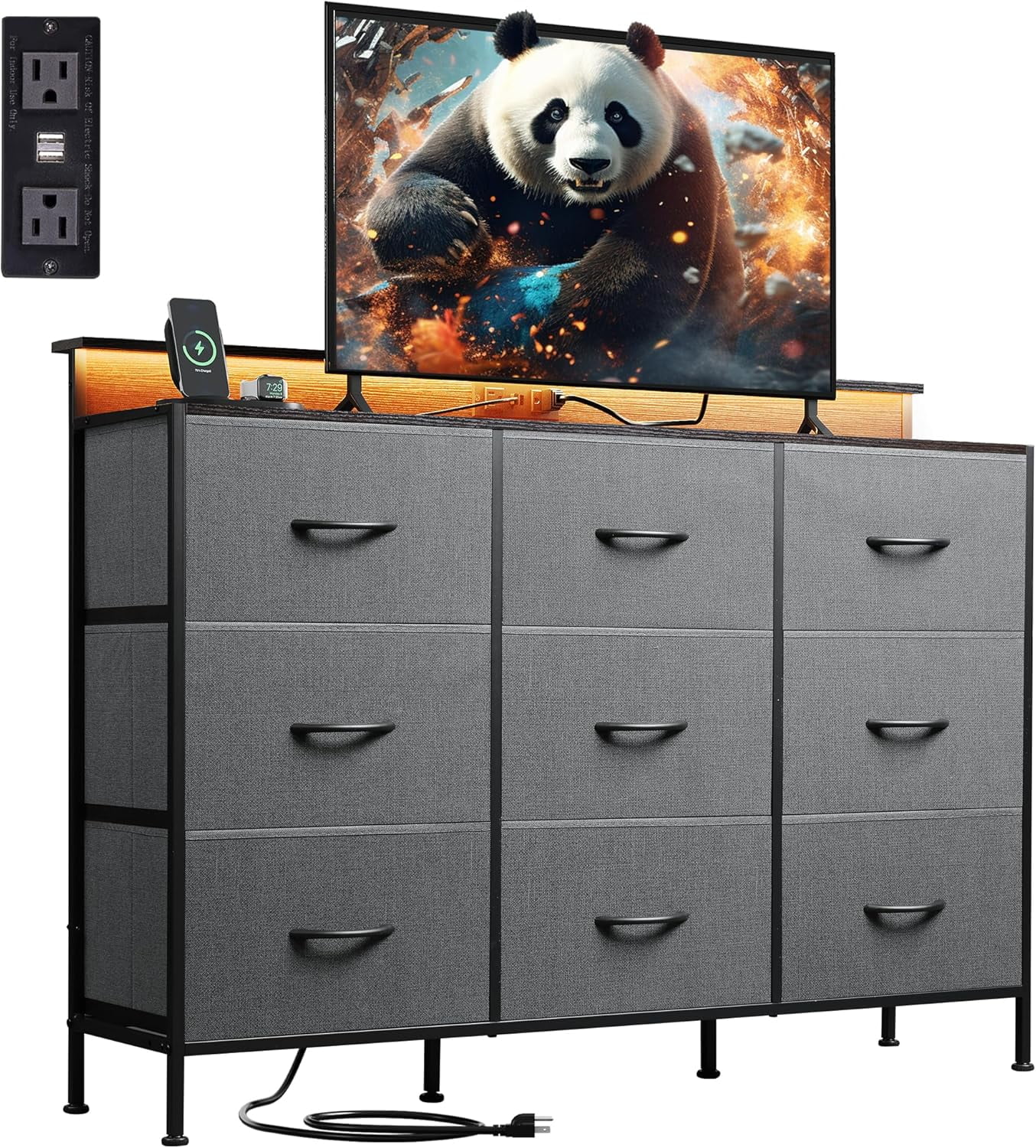 47-inch TV Stand for up to 55 inch TVs, Entertainment Center with RGB LED Lights & Charging Station, Media Console with 9 Fabric Drawers