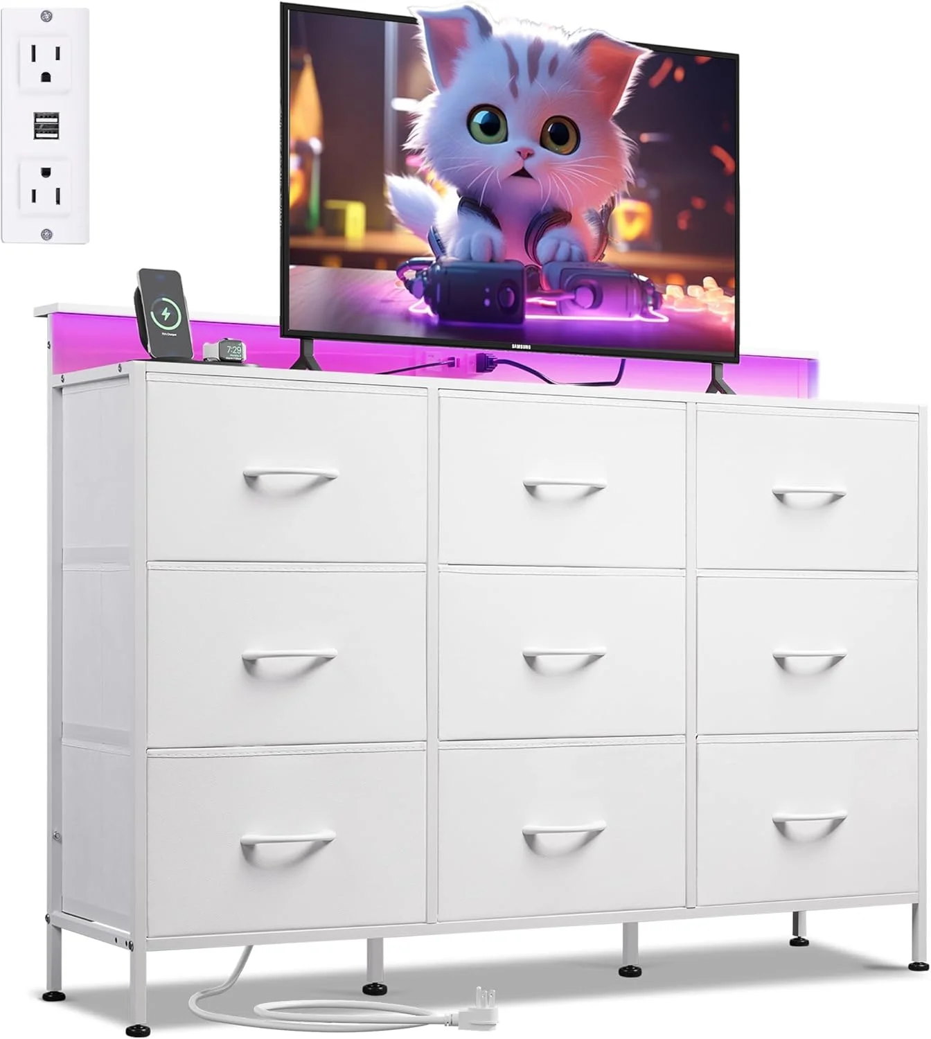 47-inch TV Stand for up to 55 inch TVs, Entertainment Center with RGB LED Lights & Charging Station, Media Console with 9 Fabric Drawers