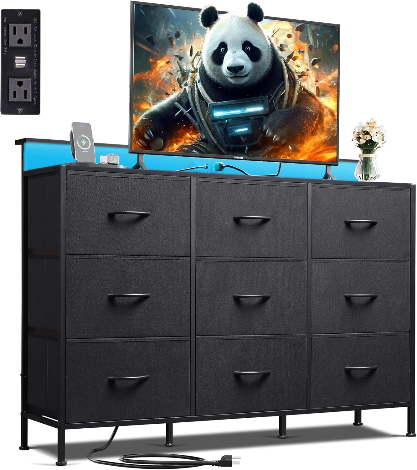 47-inch TV Stand for up to 55 inch TVs, Entertainment Center with RGB LED Lights & Charging Station, Media Console with 9 Fabric Drawers