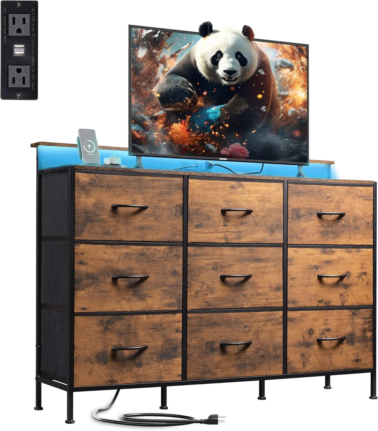 47-inch TV Stand for up to 55 inch TVs, Entertainment Center with RGB LED Lights & Charging Station, Media Console with 9 Fabric Drawers