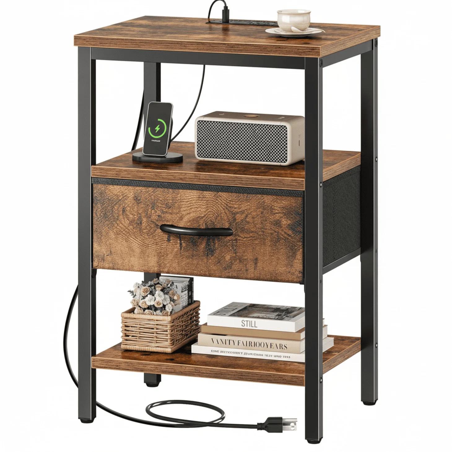 Bedside table, with built-in USB/ C-type port sockets and adjustable drawers, 3-layer storage rack, and fabric drawers