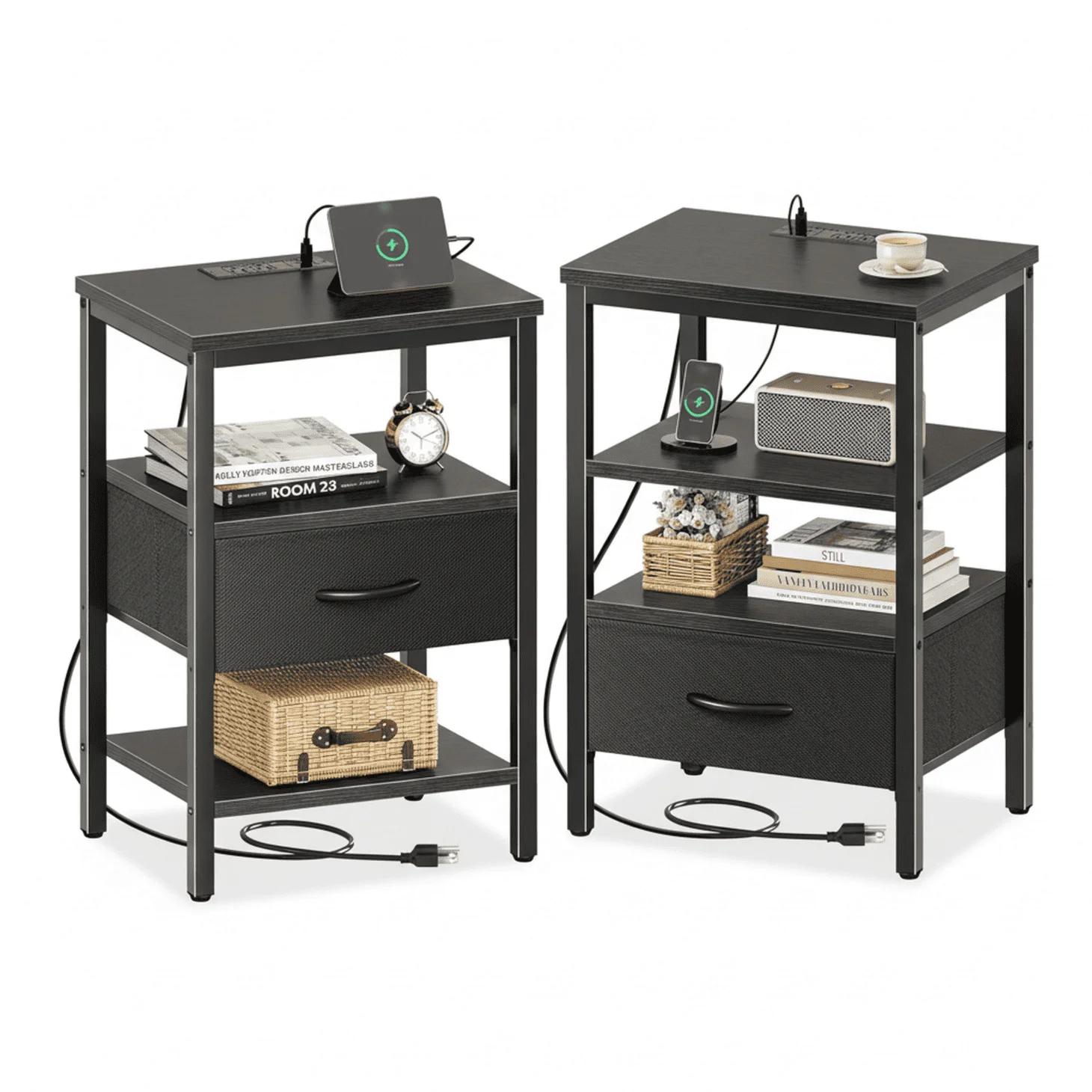 Bedside table, with built-in USB/ C-type port sockets and adjustable drawers, 3-layer storage rack, and fabric drawers