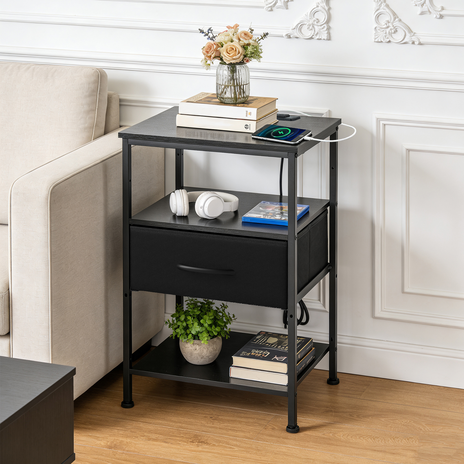 Bedside table, with built-in USB/ C-type port sockets and adjustable drawers, 3-layer storage rack, and fabric drawers