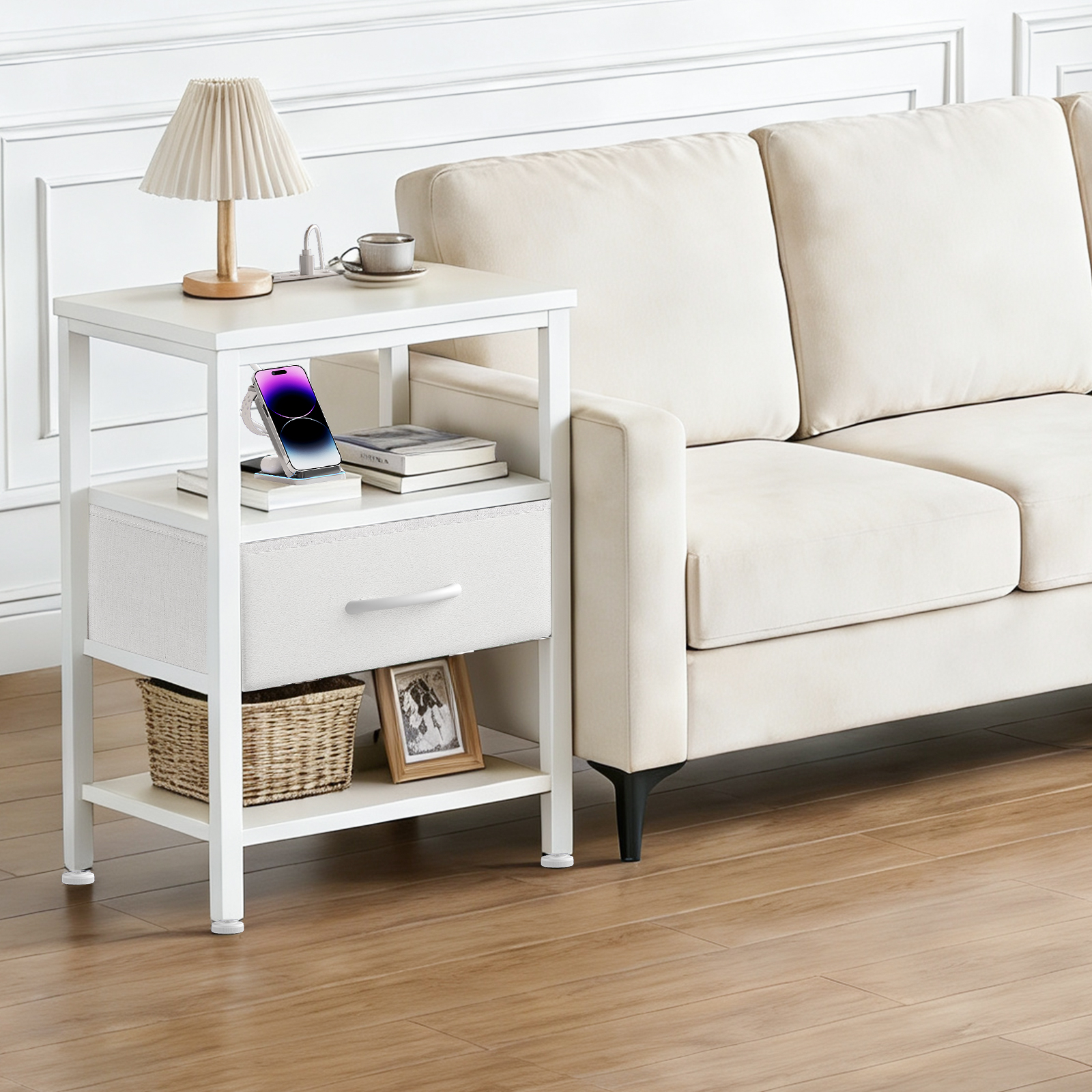 Bedside table, with built-in USB/ C-type port sockets and adjustable drawers, 3-layer storage rack, and fabric drawers