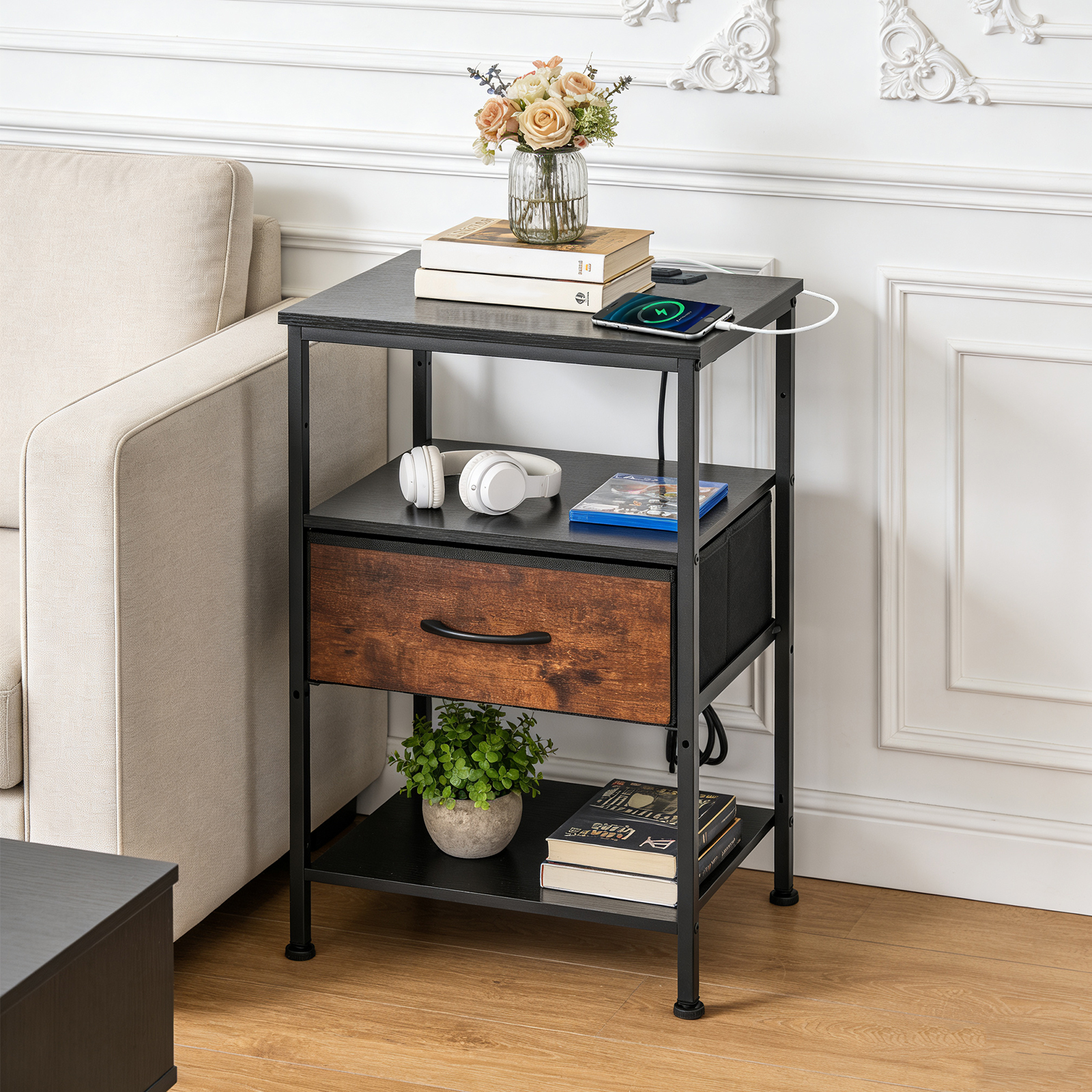 Bedside table, with built-in USB/ C-type port sockets and adjustable drawers, 3-layer storage rack, and fabric drawers