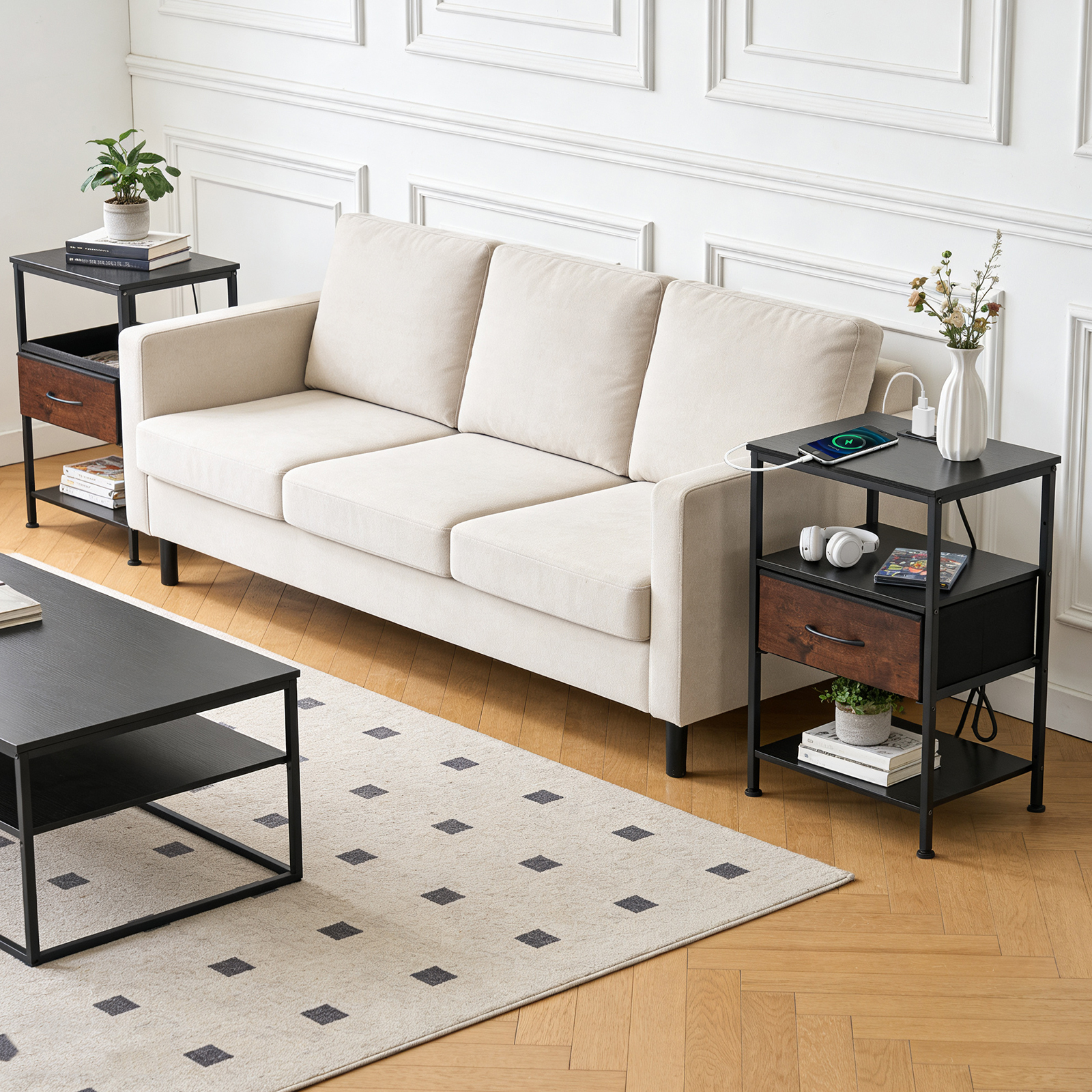 Bedside table, with built-in USB/ C-type port sockets and adjustable drawers, 3-layer storage rack, and fabric drawers