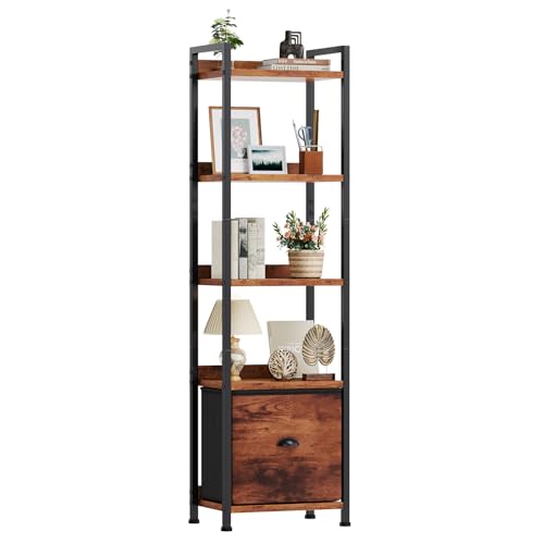 5-layer bookshelf, bookcase with fabric drawers, wooden and metal storage boxes