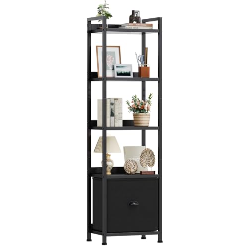 5-layer bookshelf, bookcase with fabric drawers, wooden and metal storage boxes