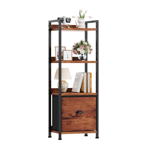 5-layer bookshelf, bookcase with fabric drawers, wooden and metal storage boxes