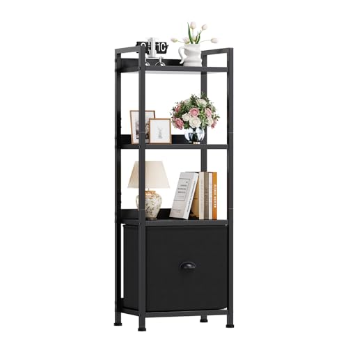 5-layer bookshelf, bookcase with fabric drawers, wooden and metal storage boxes