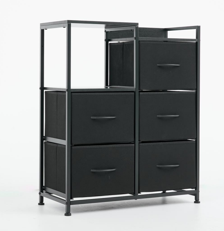 Five-drawer fabric-paneled wardrobe, double-layer shelf storage cabinet