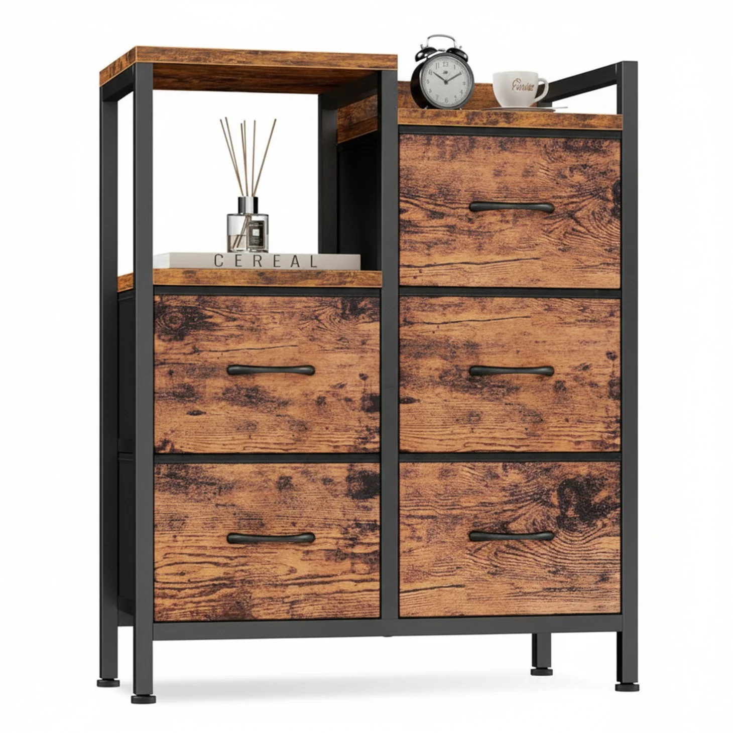 Five-drawer fabric-paneled wardrobe, double-layer shelf storage cabinet