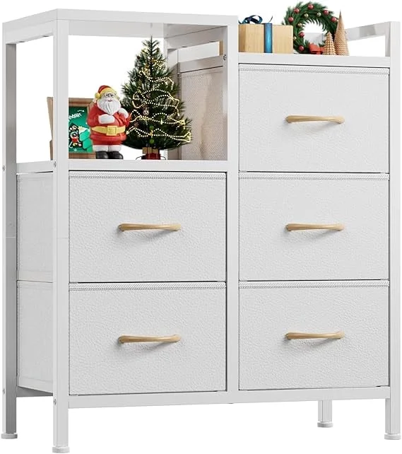 Five-drawer fabric-paneled wardrobe, double-layer shelf storage cabinet