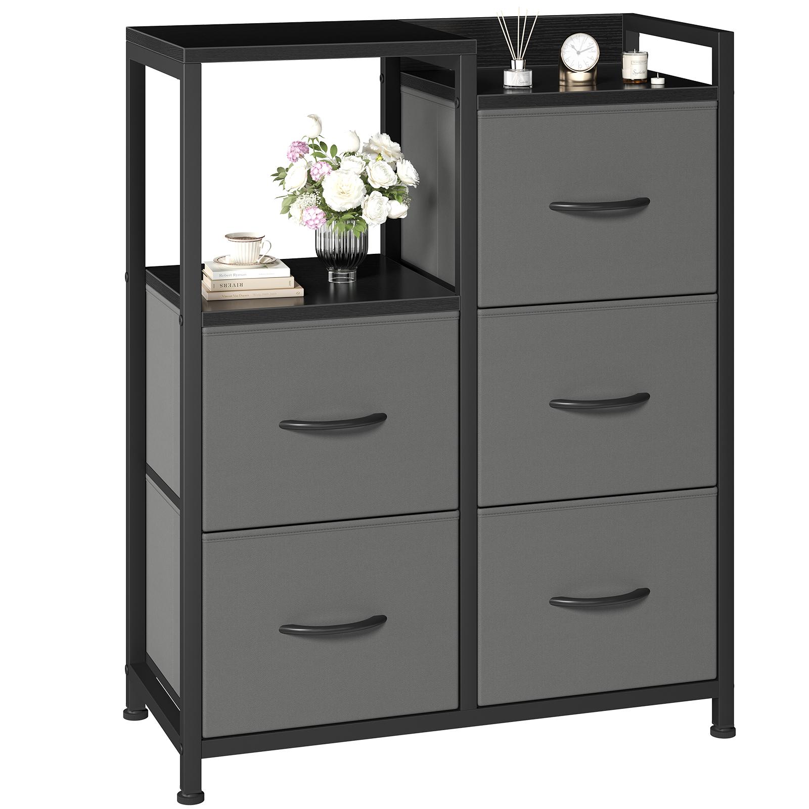 Five-drawer fabric-paneled wardrobe, double-layer shelf storage cabinet