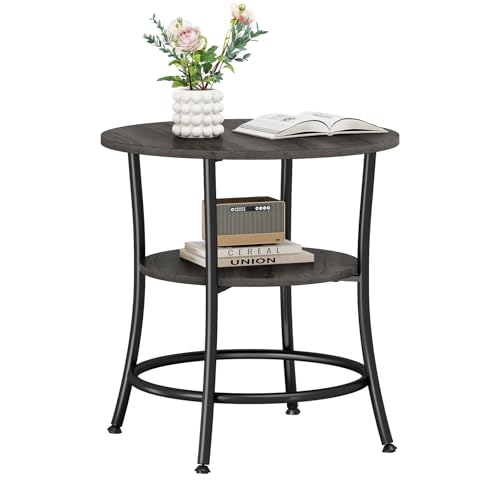 Side round table, double-layer decorative side table with storage shelves, sturdy metal frame round bedside cabinet