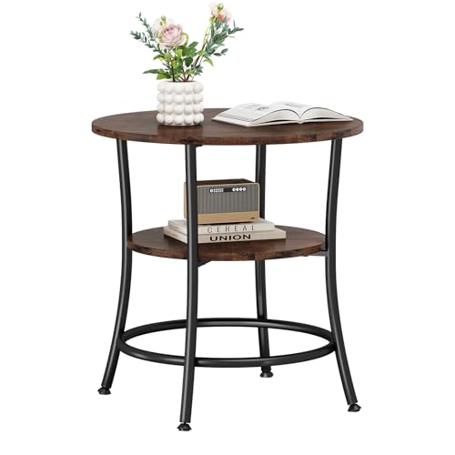 Side round table, double-layer decorative side table with storage shelves, sturdy metal frame round bedside cabinet
