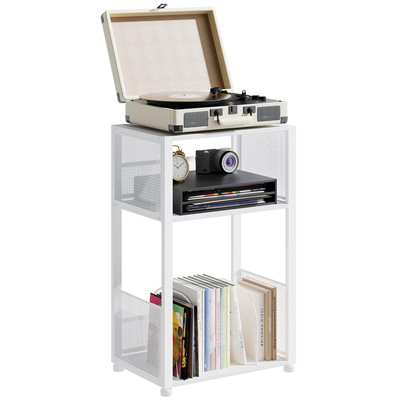 Three-tier side tables , a storage-functional record player stand that can hold up to 100 records, a turntable stand for playing vinyl records